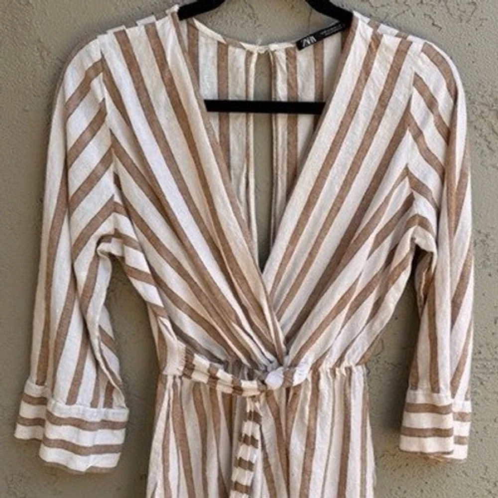 Zara Women Tan White Striped Linen Romper XS Minimalist Nautical Casual Beach